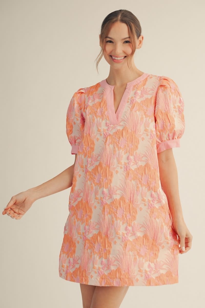 Jodifl Peach Mix Short Puff Sleeves Floral Jacquard Dress