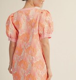 Jodifl Peach Mix Short Puff Sleeves Floral Jacquard Dress