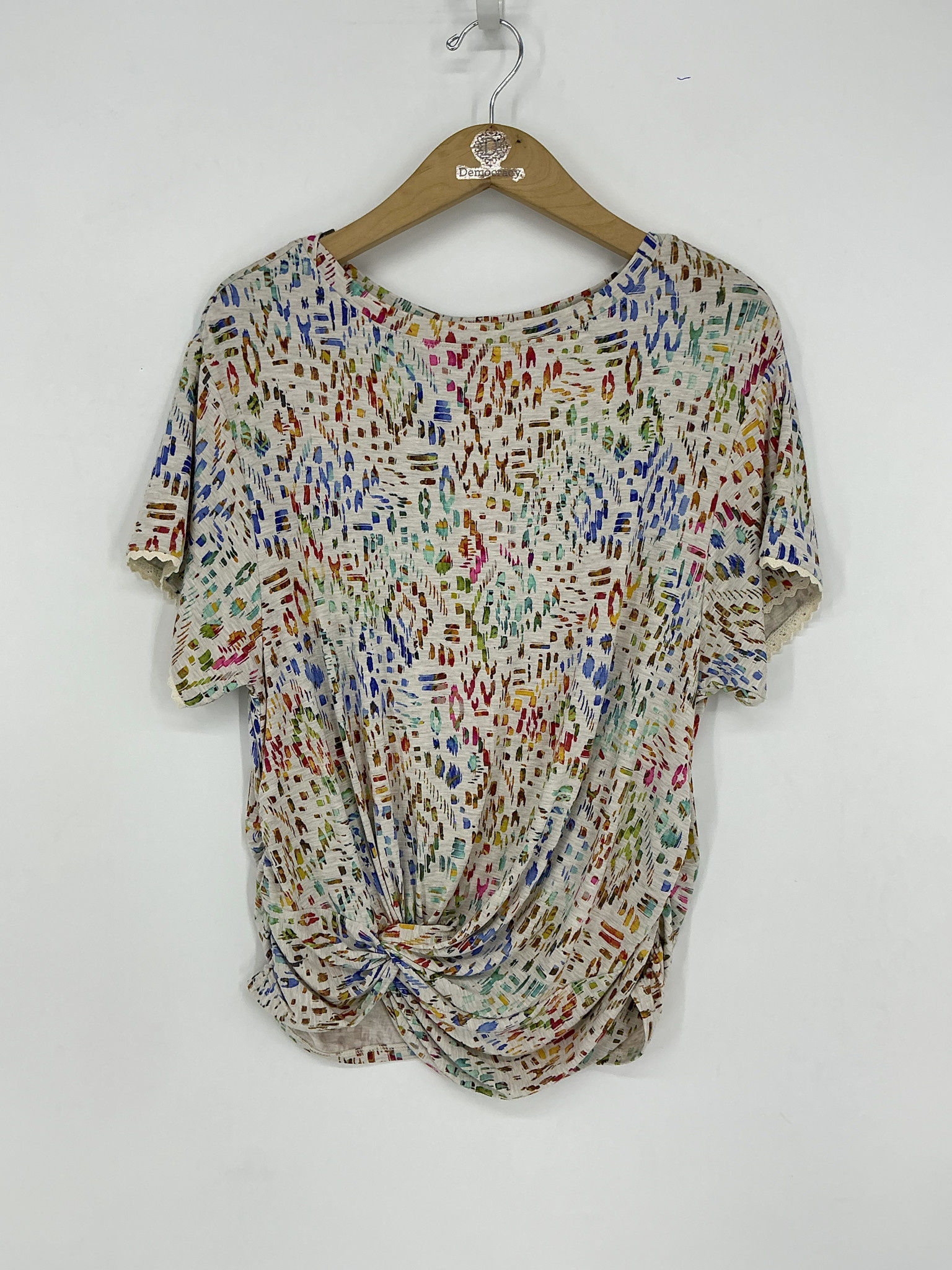 Democracy Heather Jute Multi SS Printed Boat Neck Twist Top