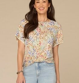 Democracy Heather Jute Multi SS Printed Boat Neck Twist Top
