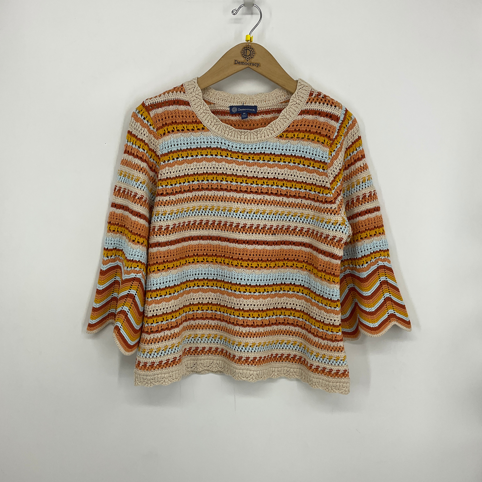 Democracy Honey/Airy Blue Multi Multicolor Crochet Stripe Bell Sweater
