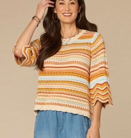 Democracy Honey/Airy Blue Multi Multicolor Crochet Stripe Bell Sweater