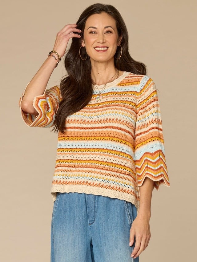 Democracy Honey/Airy Blue Multi Multicolor Crochet Stripe Bell Sweater