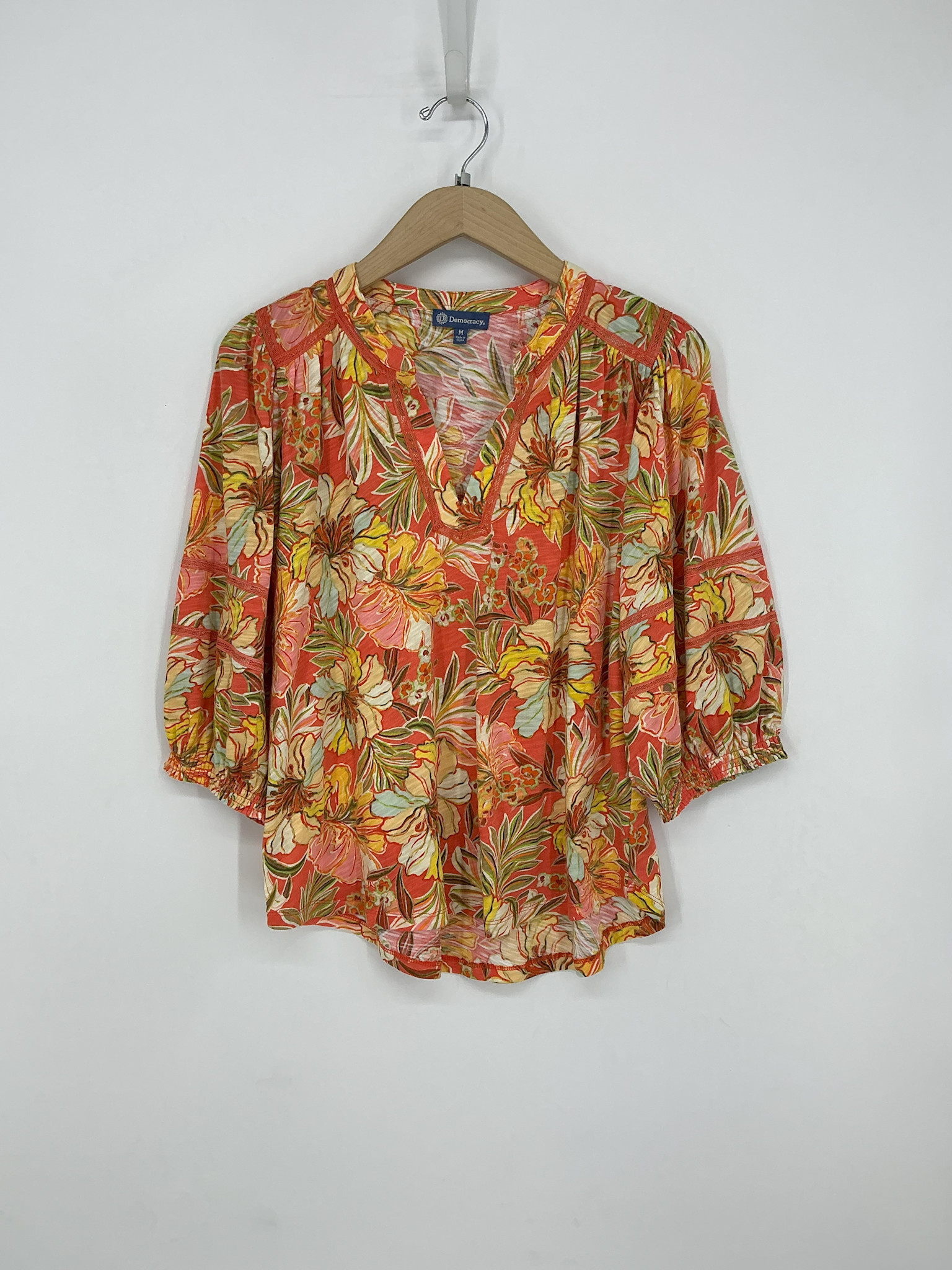 Democracy Deep Coral Multi Mandarin Collar 3/4 Blouson Sleeve Knit Top