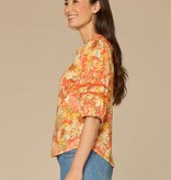 Democracy Deep Coral Multi Mandarin Collar 3/4 Blouson Sleeve Knit Top