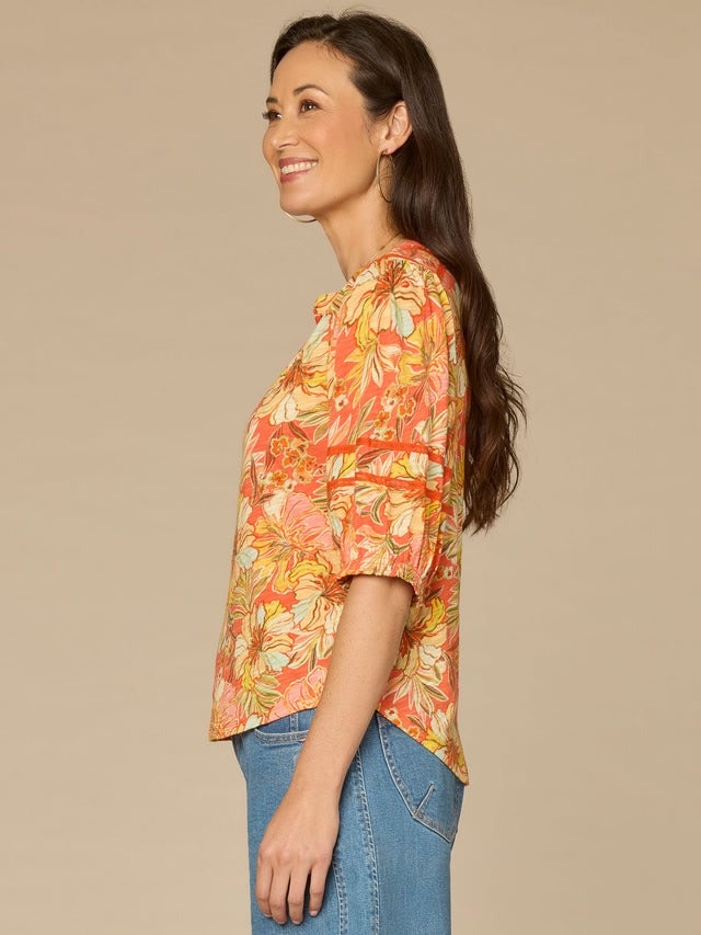 Democracy Deep Coral Multi Mandarin Collar 3/4 Blouson Sleeve Knit Top