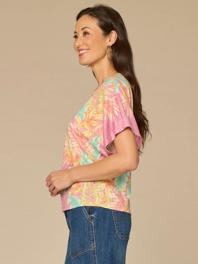 Democracy Wild Mulberry Multi Short Dolman Sleeve Scoop Neck Printed Top