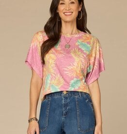 Democracy Wild Mulberry Multi Short Dolman Sleeve Scoop Neck Printed Top