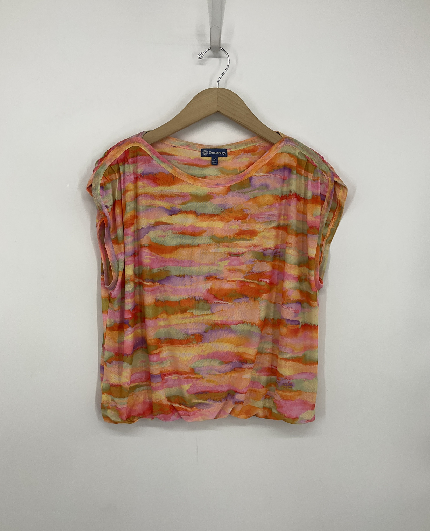 Democracy Winter Melon/Sea Grass Multi Extended Shoulder Boat Neck Bubble Hem Top