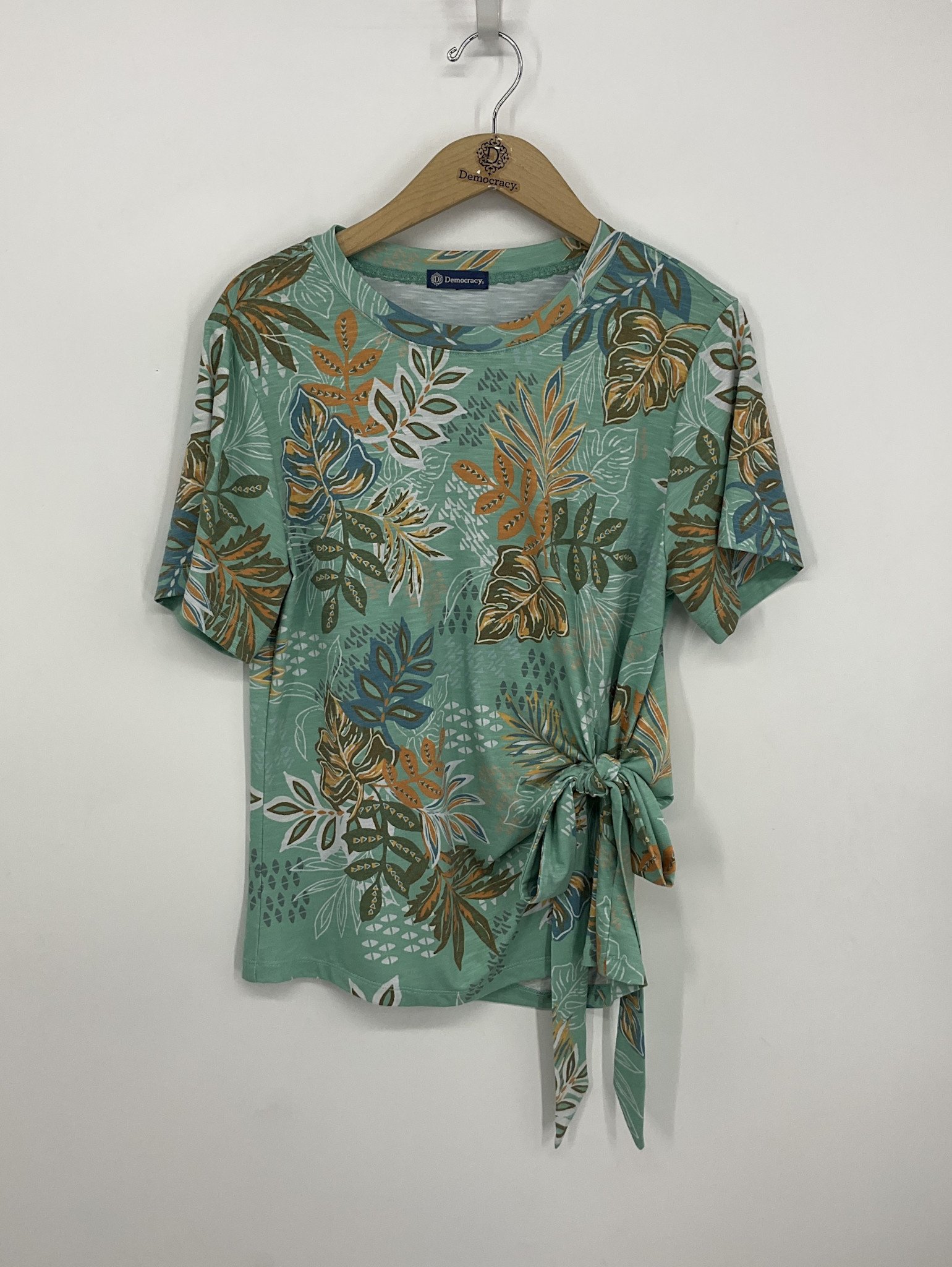 Democracy Sea Glass Multi Short Bell Sleeve Scoop Neck Tie Top