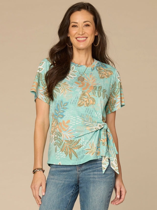 Democracy Sea Glass Multi Short Bell Sleeve Scoop Neck Tie Top