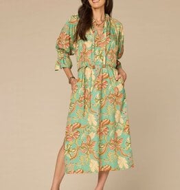 Democracy Sea Glass Multi 3/4 Sleeve Ruched Neck Printed Dress