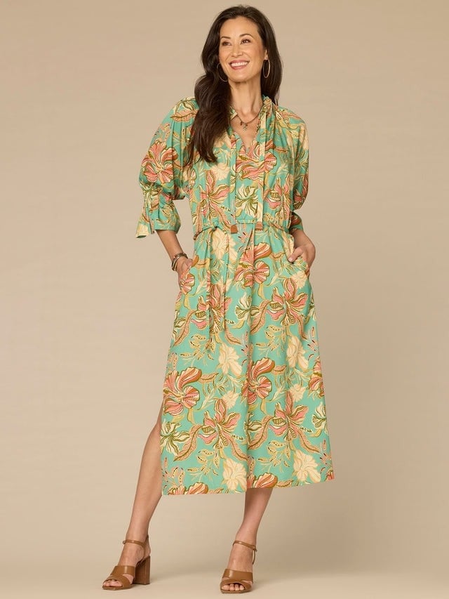 Democracy Sea Glass Multi 3/4 Sleeve Ruched Neck Printed Dress