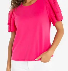 Liverpool Los Angeles short sleeve knit-to-woven top w/ embroidery