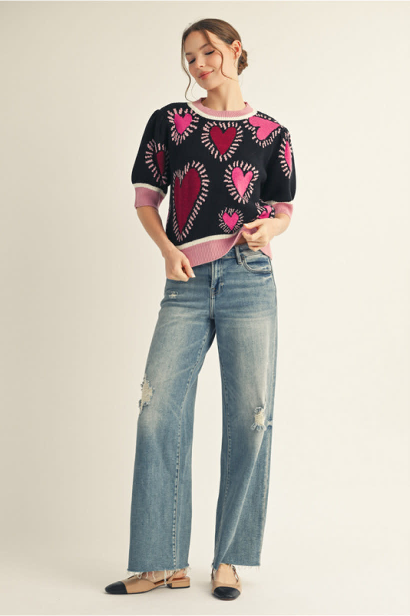 Jodifl Black Short Puff Sleeves Lovely Heart Sweater Top