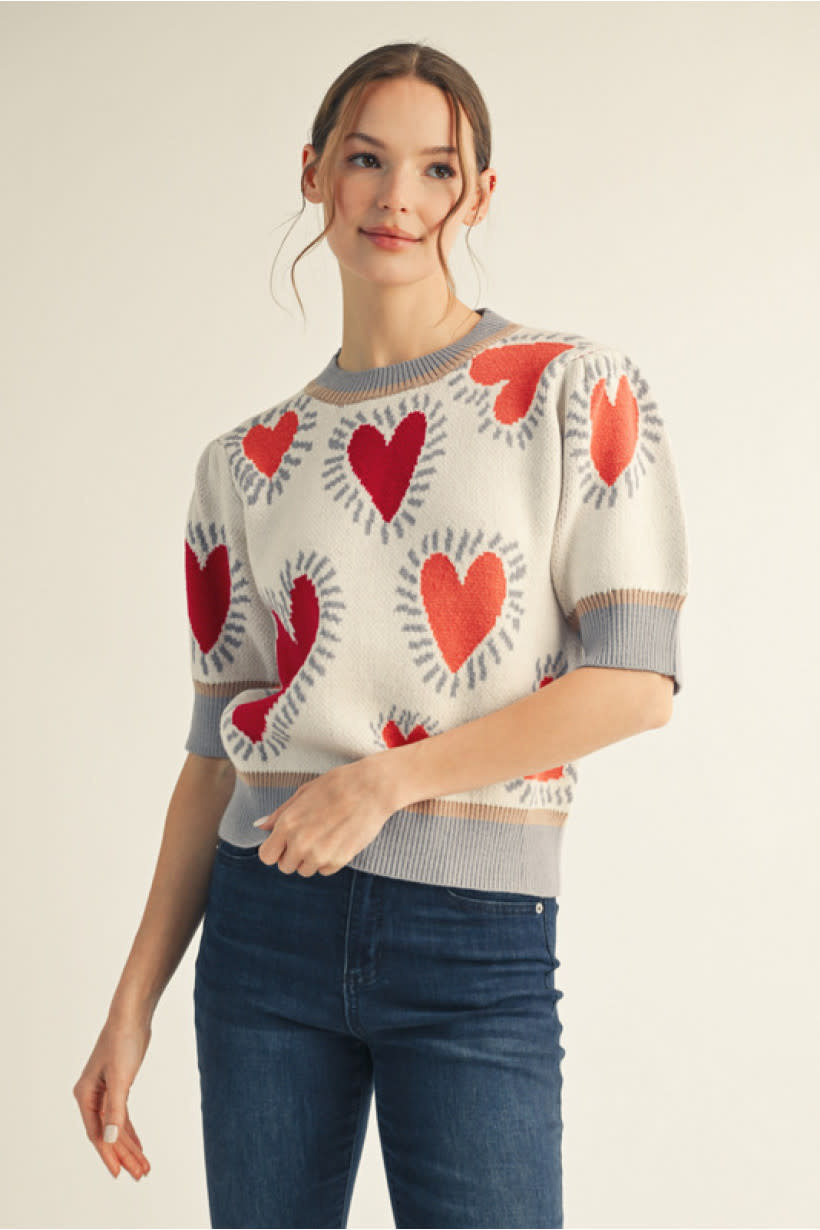 Jodifl Cream Short Puff Sleeves Lovely Heart Sweater Top