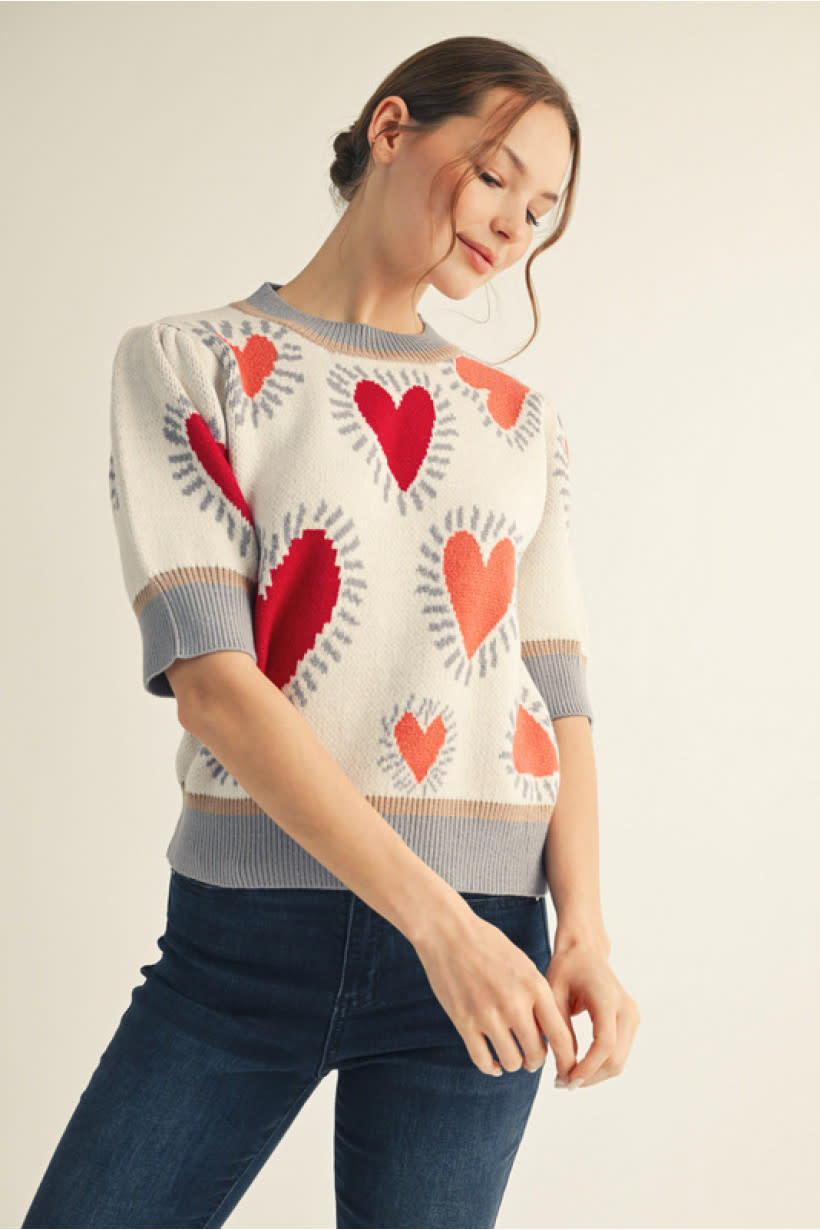 Jodifl Cream Short Puff Sleeves Lovely Heart Sweater Top
