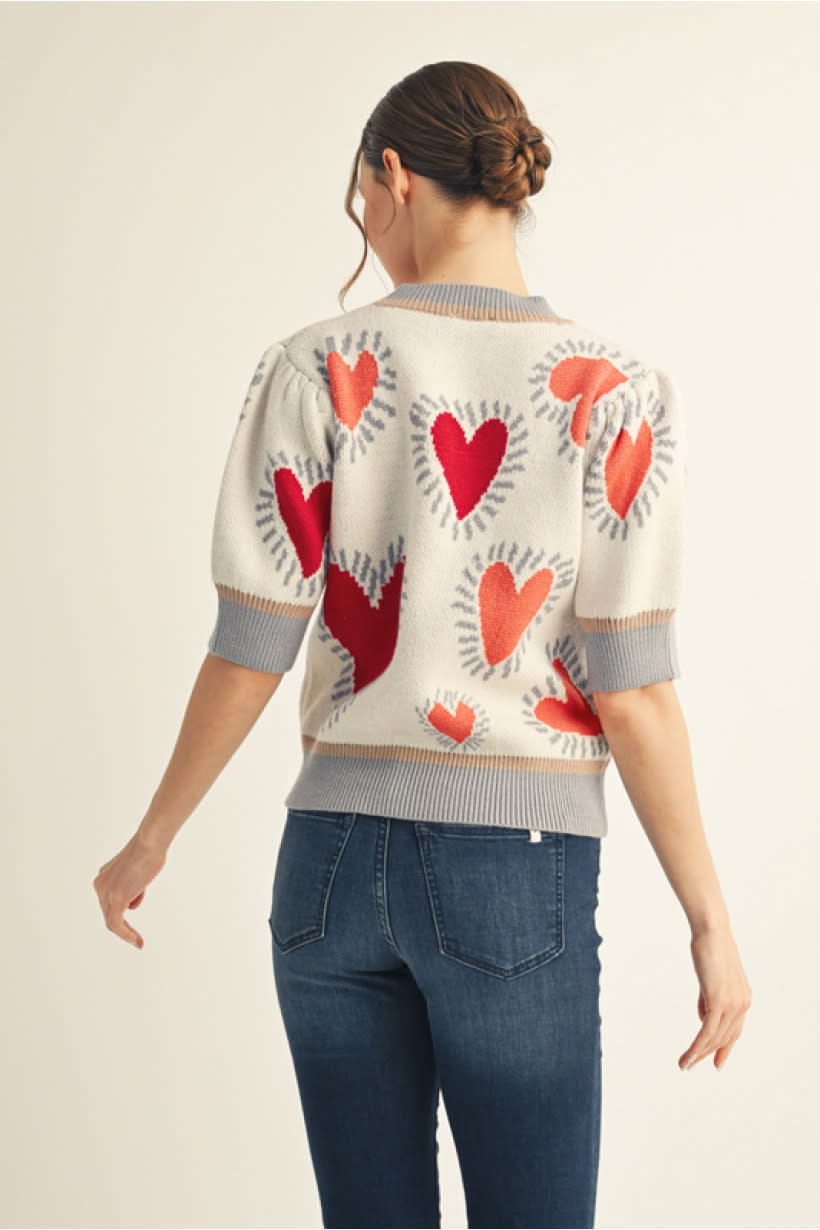 Jodifl Cream Short Puff Sleeves Lovely Heart Sweater Top