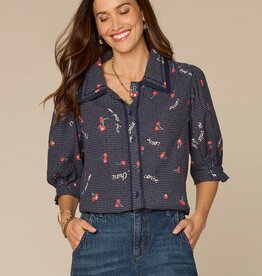 Democracy Navy/Ivory Multi Below Elbow Printed Woven Top