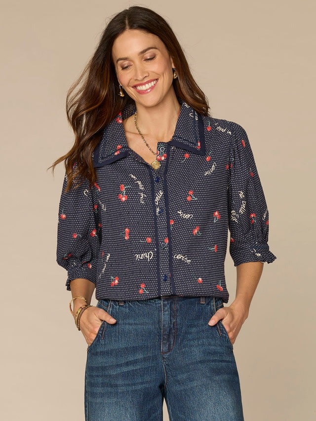 Democracy Navy/Ivory Multi Below Elbow Printed Woven Top