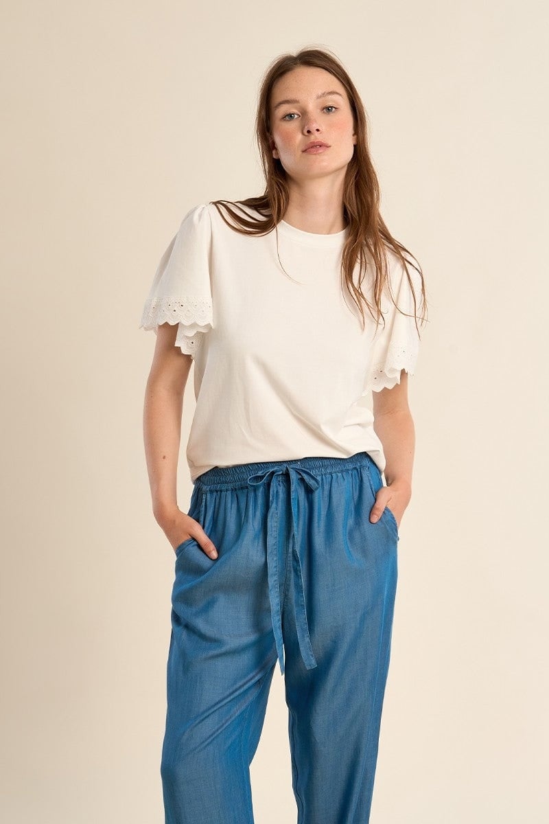 Molly Bracken Offwhite Tee With Eyelet Sleeve