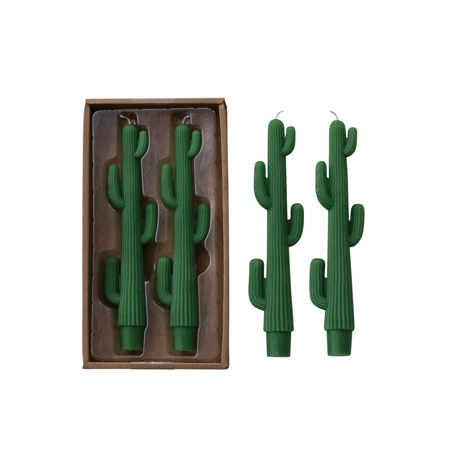 FLEURISH Unscented Cactus Shaped Taper Candles in Box, Green, Set of 2 (Est. Burn Time 5 Hours)