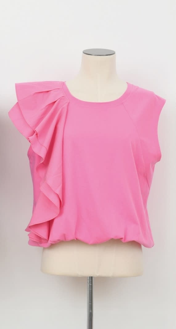 Molly Bracken Pink Ruffle Sleeve Bubble Hem Tee (Pink Young Ladies Knitted Top)