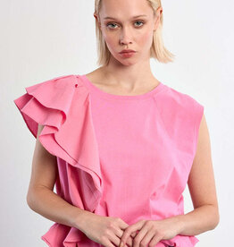 Molly Bracken Pink Ruffle Sleeve Bubble Hem Tee (Pink Young Ladies Knitted Top)