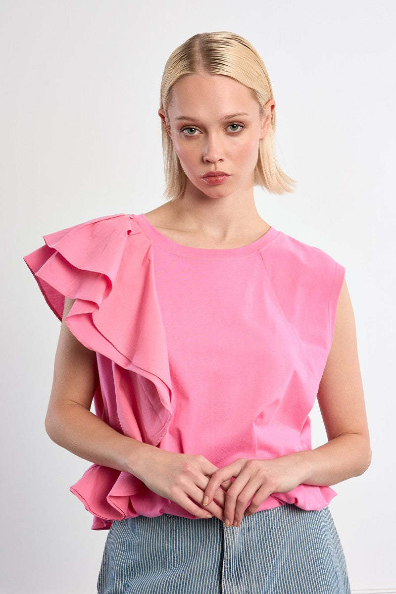 Molly Bracken Pink Ruffle Sleeve Bubble Hem Tee (Pink Young Ladies Knitted Top)