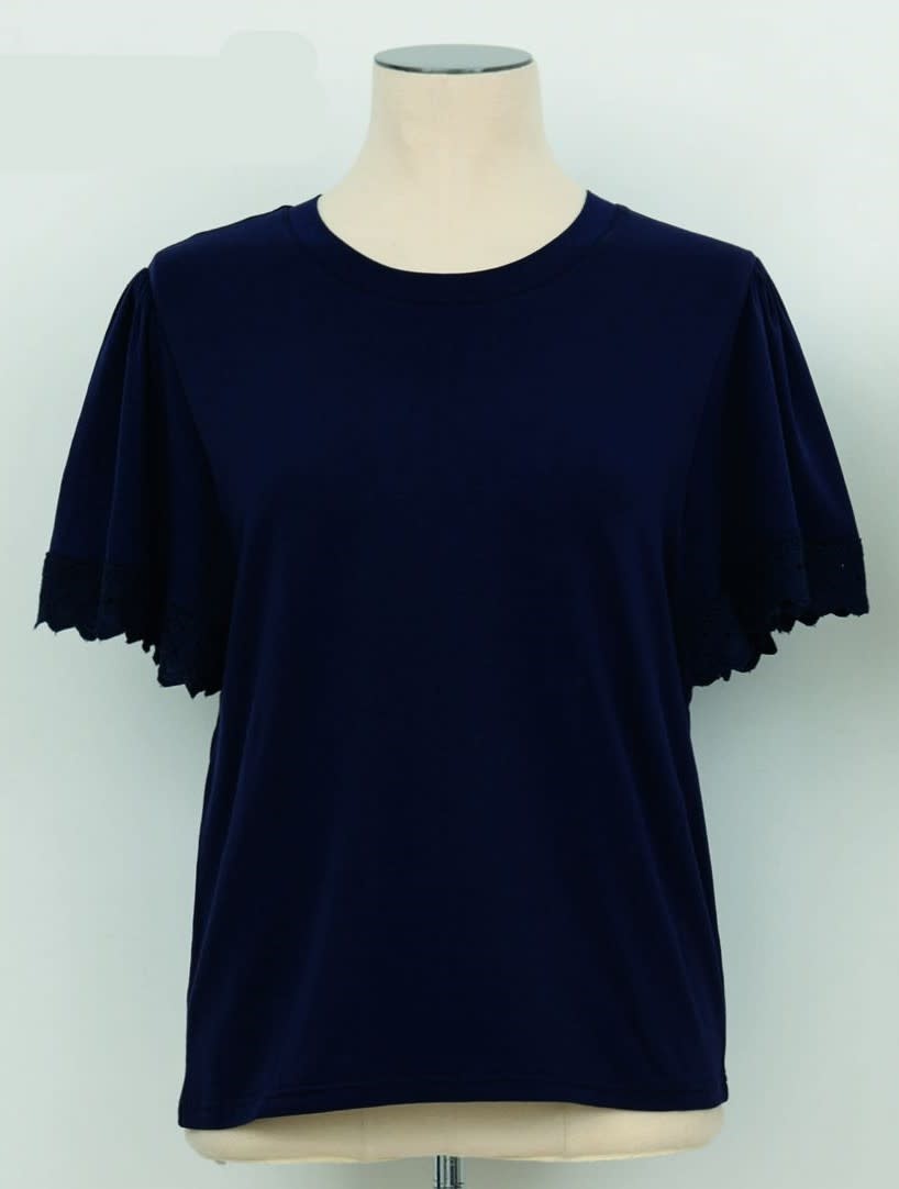 Molly Bracken Ruffle Eyelet Sleeve Oversized Tee (Navy Blue Ladies Knitted Tee)