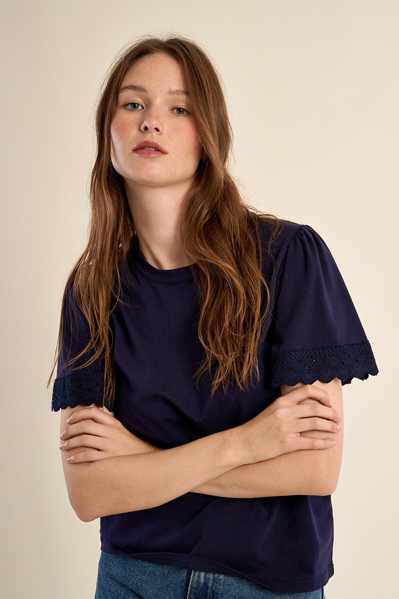 Molly Bracken Ruffle Eyelet Sleeve Oversized Tee (Navy Blue Ladies Knitted Tee)