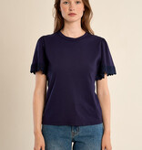 Molly Bracken Ruffle Eyelet Sleeve Oversized Tee (Navy Blue Ladies Knitted Tee)