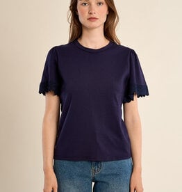 Molly Bracken Ruffle Eyelet Sleeve Oversized Tee (Navy Blue Ladies Knitted Tee)