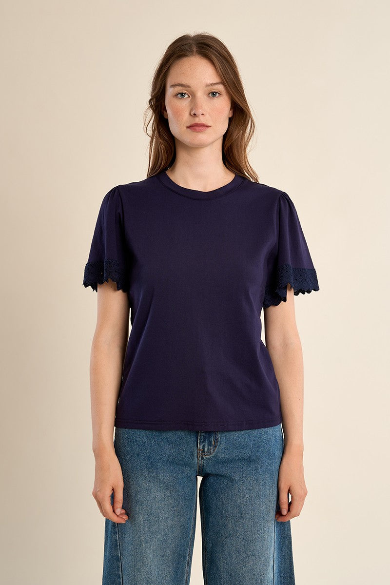 Molly Bracken Ruffle Eyelet Sleeve Oversized Tee (Navy Blue Ladies Knitted Tee)