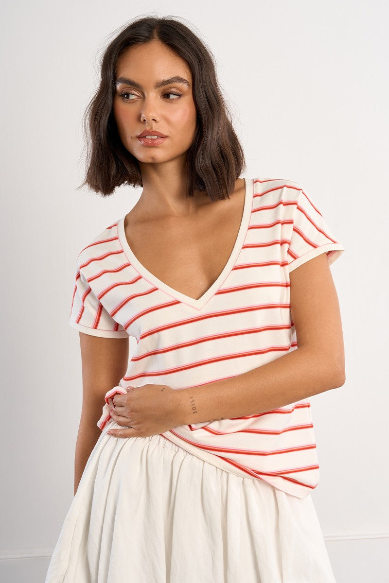 Molly Bracken Multi Color Neon Stripe V-Neck Tee