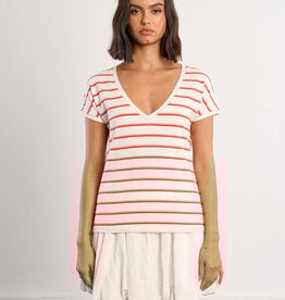Molly Bracken Multi Color Neon Stripe V-Neck Tee