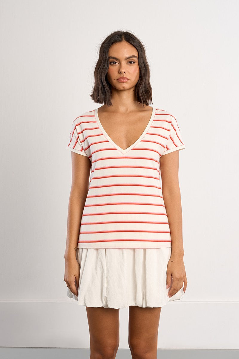 Molly Bracken Multi Color Neon Stripe V-Neck Tee