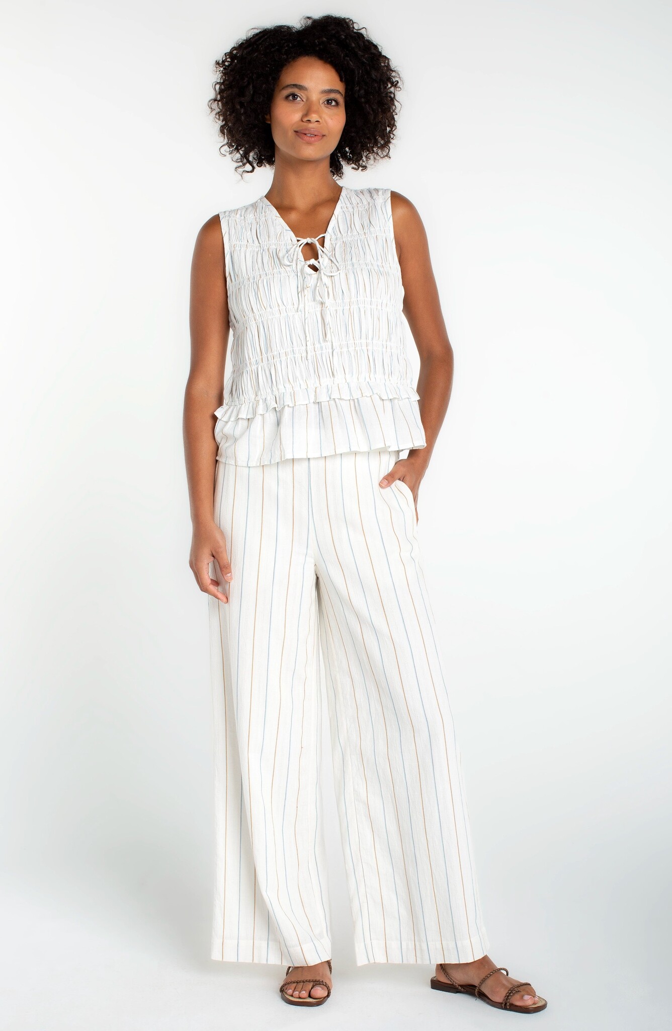 Liverpool Los Angeles sleeveless tie front woven top w/ smocking