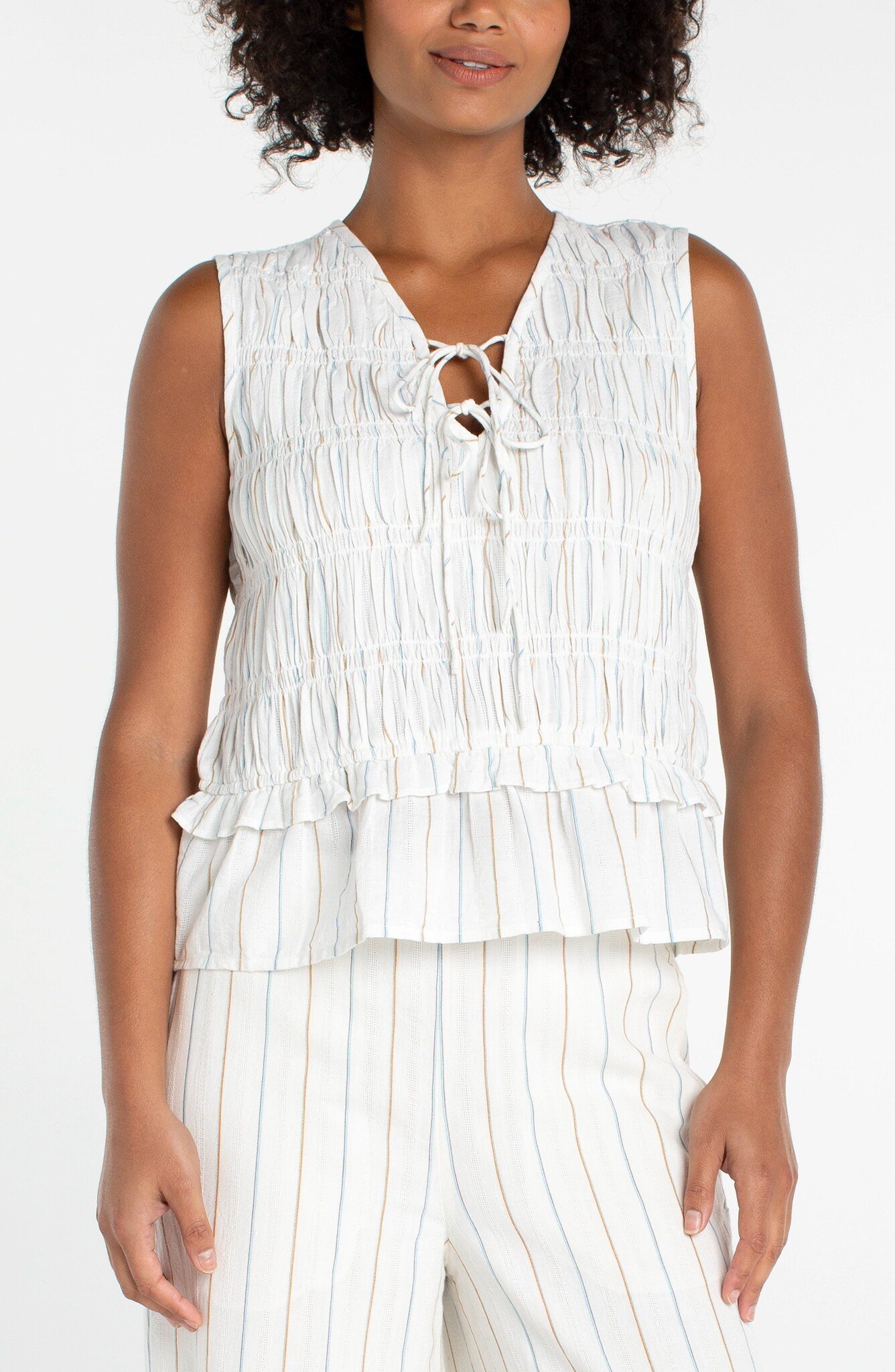 Liverpool Los Angeles sleeveless tie front woven top w/ smocking