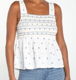 Liverpool Los Angeles sleeveless smocked woven top w/embroidery