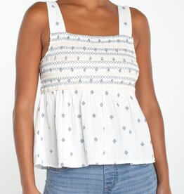 Liverpool Los Angeles sleeveless smocked woven top w/embroidery
