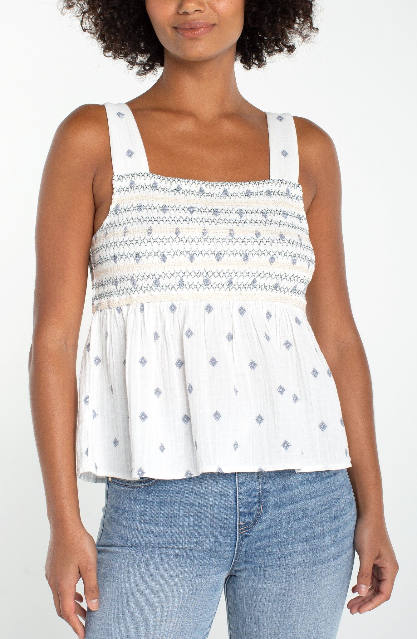 Liverpool Los Angeles sleeveless smocked woven top w/embroidery