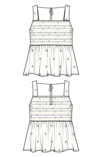 Liverpool Los Angeles sleeveless smocked woven top w/embroidery