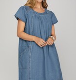 She + Sky Denim Blue Smocked Ruffle Sleeve Dress