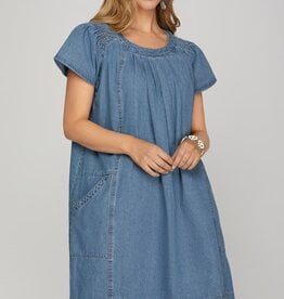 She + Sky Denim Blue Smocked Ruffle Sleeve Dress