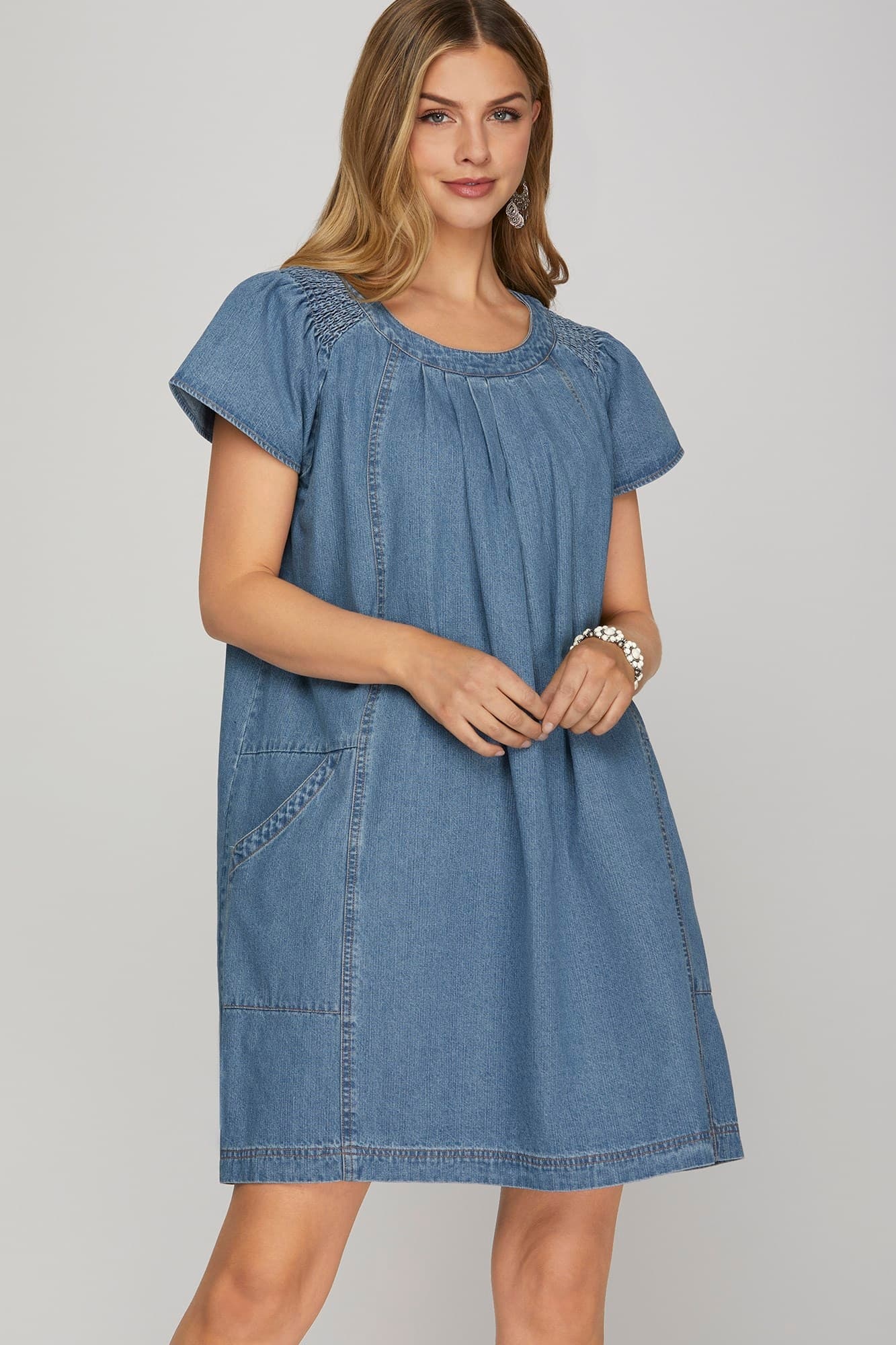 She + Sky Denim Blue Smocked Ruffle Sleeve Dress