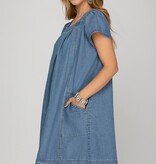She + Sky Denim Blue Smocked Ruffle Sleeve Dress