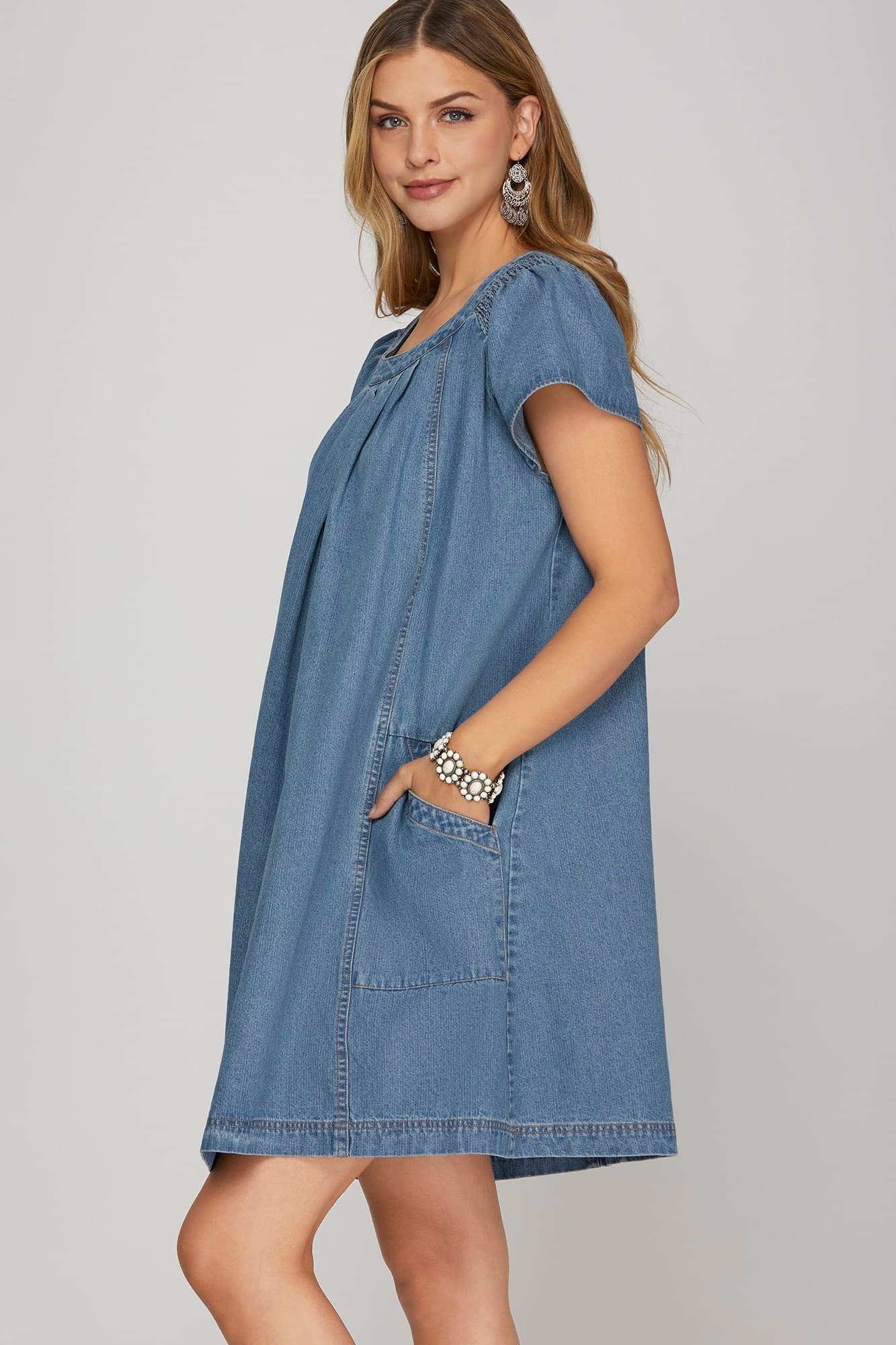 She + Sky Denim Blue Smocked Ruffle Sleeve Dress