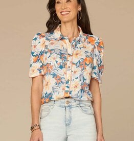 Democracy Periwinkle Multi Printed Button-Down Top with Scallop Collar