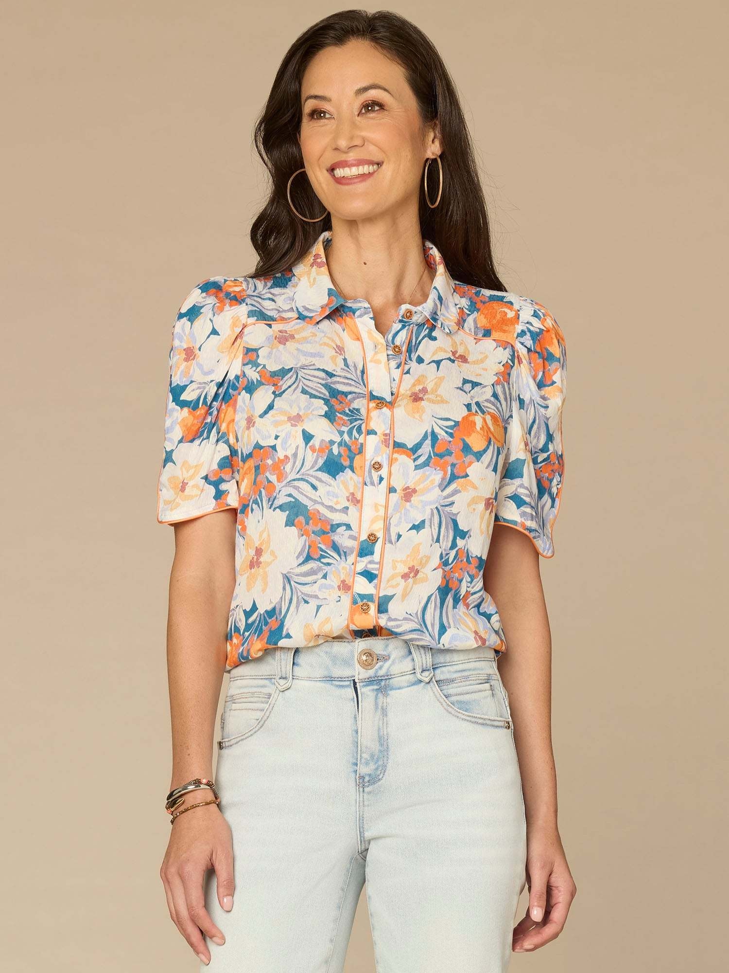 Democracy Periwinkle Multi Printed Button-Down Top with Scallop Collar